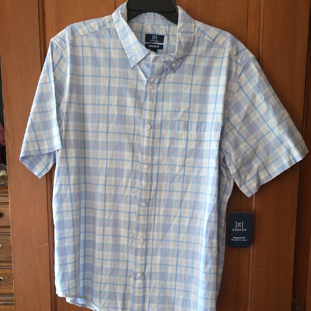 George Men's Light Blue and White Checkered Shirt